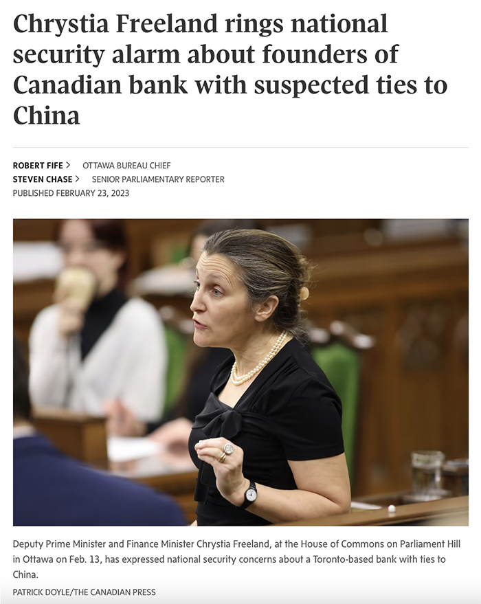 Newspaper headline: Chrystia Freeland rings national security alarm about founders of Canadian bank with suspected ties to China